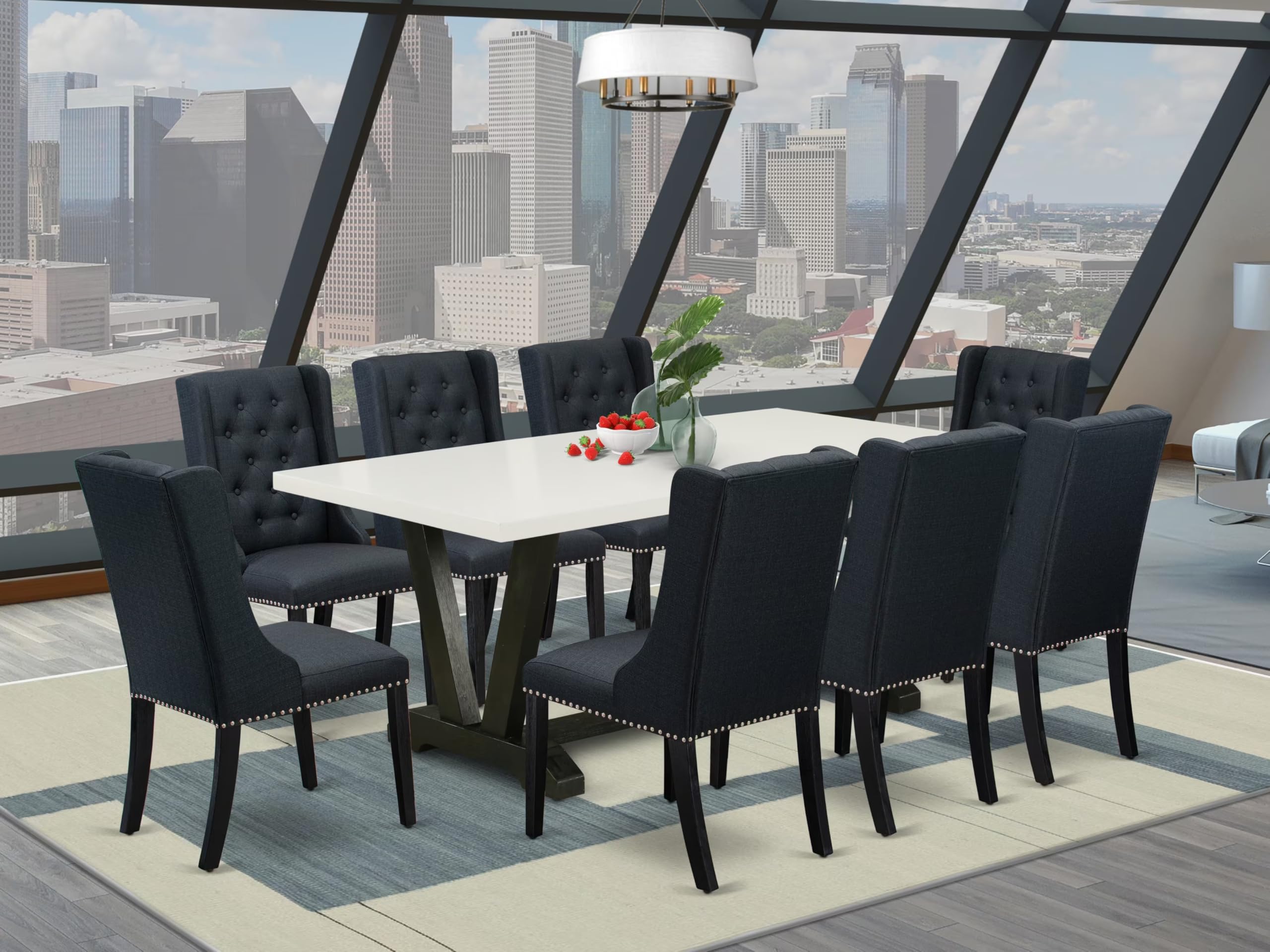 East West Furniture V627FO624-9 9 Piece Modern Dining Table Set Includes a Rectangle Wooden Table with V-Legs and 8 Black Linen Fabric Parson Dining Room Chairs, 40x72 Inch, Multi-Color
